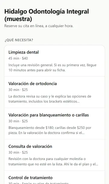 Booking page: the customer picks a service